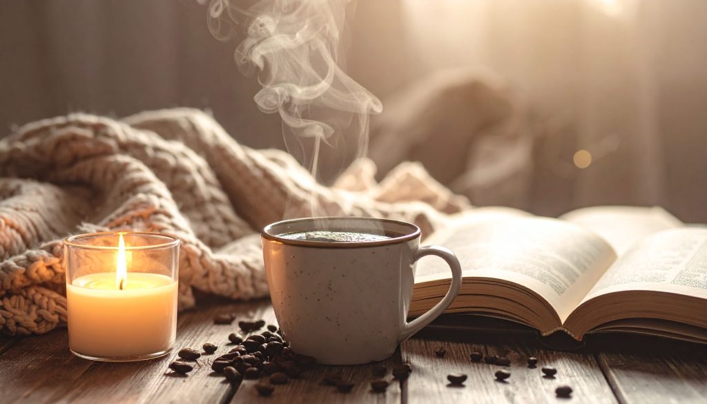 Ambiance hygge - tasse de café fumant posée à côté un livre ouvert et une bougie